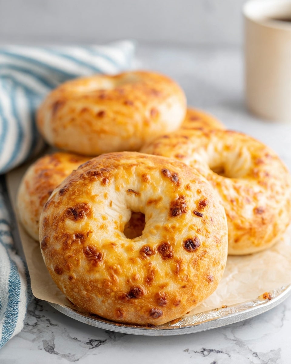 The image shows four golden brown bagels lined up on a silver tray placed on a white marbled surface. Each bagel has a shiny, smooth crust with uneven, slightly darker brown spots where bits of cheese are baked inside the dough. The bagels have a classic round shape with a small hole in the center. In the background, there is a blurred striped cloth and a white cup. The lighting makes the surface of the bagels look soft and fresh, highlighting their texture and color. photo taken with an iphone --ar 4:5 --v 7