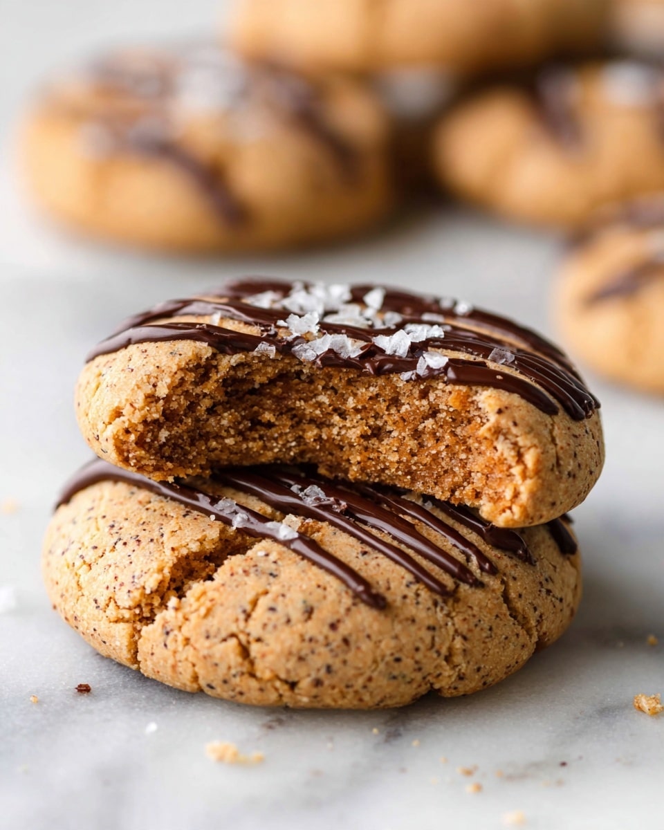 The image shows two round cookies stacked on a white marbled surface. The bottom cookie is plain, light brown with small darker specks and a slightly cracked texture. The top cookie has a bite taken out of it, revealing a soft crumb inside. It is partially dipped in dark chocolate on one side, with thin chocolate drizzle lines across the top. There are small white flakes sprinkled on the chocolate drizzle. In the background, more out-of-focus cookies of similar color and texture can be seen. Photo taken with an iphone --ar 4:5 --v 7