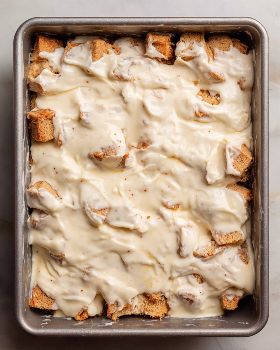 A square metal baking pan filled with a layered dessert. The bottom layer shows soft, light brown chunks with a slightly rough texture, appearing like baked pieces of dough. Over this, a thick, creamy white sauce is spread unevenly, covering most of the chunks but leaving some edges visible. The sauce is smooth and shiny with small specks indicating flavoring or spices. The pan rests on a white marbled surface. photo taken with an iphone --ar 4:5 --v 7