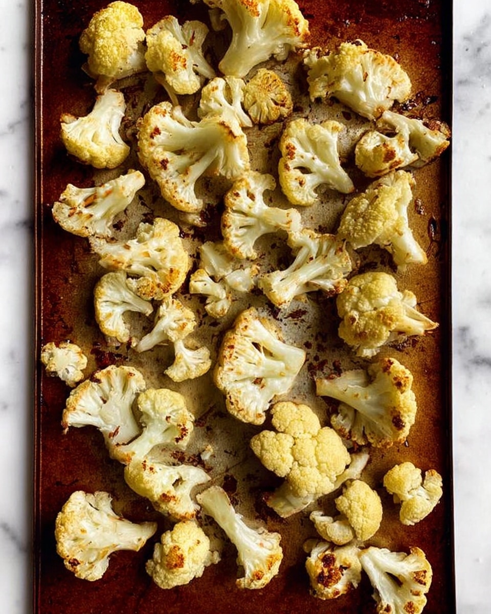 A dark metal baking sheet filled with scattered roasted cauliflower pieces, browned and slightly charred at the edges. The cauliflower is in different sizes with soft, off-white florets showing a golden-yellow tint from roasting. The background is a white marbled surface. photo taken with an iphone --ar 4:5 --v 7