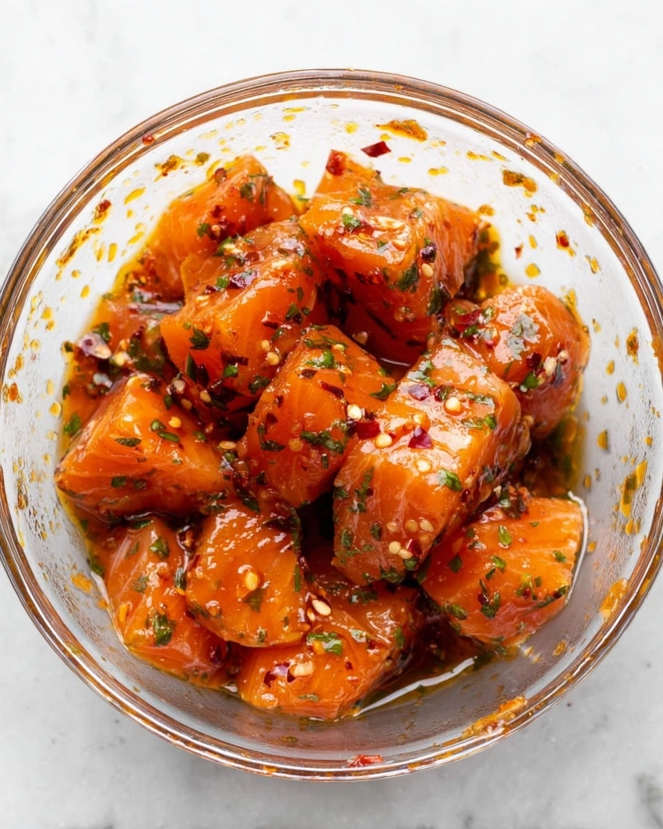 A clear glass bowl contains about ten chunks of raw salmon coated in a shiny orange-red sauce with visible small green herb pieces and red chili flakes. The bowl sits on a white marbled surface, and the sauce glistens on the smooth, slightly textured salmon pieces. The pieces are unevenly shaped and arranged closely together inside the bowl, with some sauce splattered on the glass sides. photo taken with an iphone --ar 4:5 --v 7