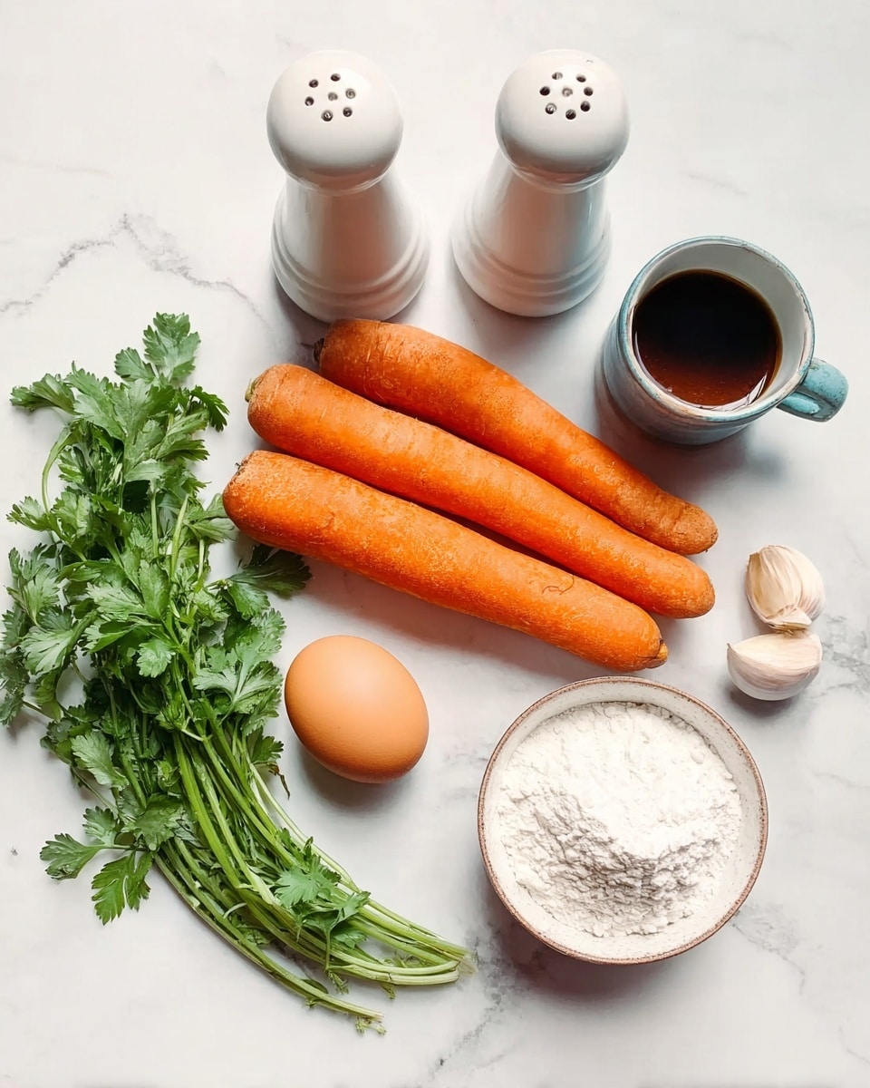 Three bright orange carrots with smooth skin lie on a white marbled surface near a bunch of fresh green cilantro leaves. Beside them, there are two small white ceramic shakers for salt and pepper, tall and rounded with simple tops. A small white ceramic cup filled with dark brown liquid sits near the center. Two small white bowls feature prominently, one holding a raw brown egg and the other filled with white flour. A single clove of garlic with faded skin rests near the bottom. Photo taken with an iphone --ar 4:5 --v 7
