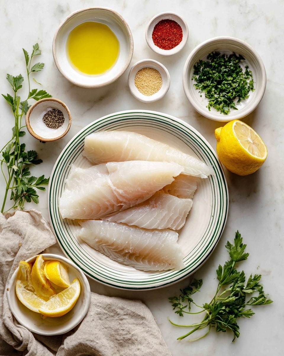 The image shows five white fish fillets with soft texture layered on a white plate with green stripes around the edge, placed near the center. Above the plate, there is a white bowl filled with different colored spices arranged in small piles in red, beige, light yellow, black, and white. To the left, a white bowl contains light yellow oil. On the upper right, there is a small white bowl full of chopped green herbs. A cut lemon half with a bright yellow color is placed near the bowl of herbs. At the bottom left, another white bowl holds several lemon wedges with bright yellow skin and pale yellow flesh. A beige cloth is spread out on the right side near the plate, and sprigs of fresh green herbs are scattered on the white marbled surface around the bowls and plate. Photo taken with an iphone --ar 4:5 --v 7