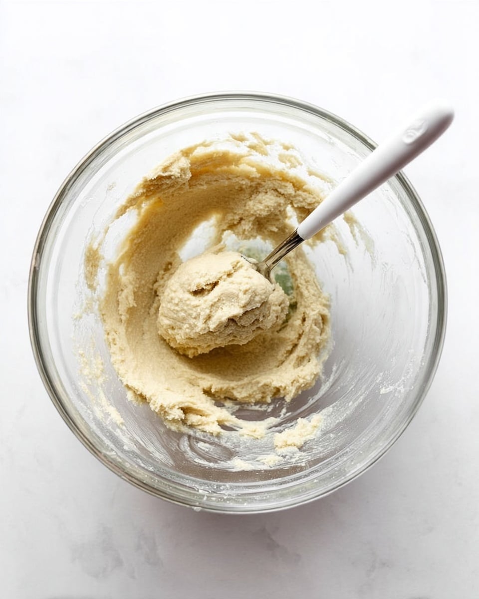 This image shows a clear glass mixing bowl sitting on a white marbled surface filled with thick, creamy light beige dough. A spoon with a white handle rests inside the bowl, holding a scoop of the dough near the center. The dough has a slightly rough texture with some small lumps visible. The bowl's sides have bits of dough clinging to them, showing recent stirring. The scene has a bright, clean look with soft shadows. Photo taken with an iphone --ar 4:5 --v 7
