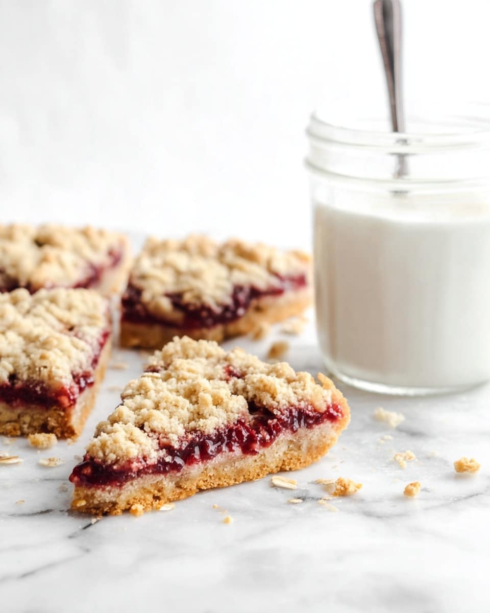 The image shows four triangular fruit crumble bars arranged on a white marbled surface. Each bar has three visible layers: a golden brown base, a dark red fruit filling in the middle, and a crumbly light beige topping with small oat flakes scattered throughout. To the right of the bars, there is a clear glass jar filled with white cream or yogurt, with a metal spoon inside. The scene is bright with soft shadows, and the focus is sharp on the closest bar in the front. Photo taken with an iphone --ar 4:5 --v 7