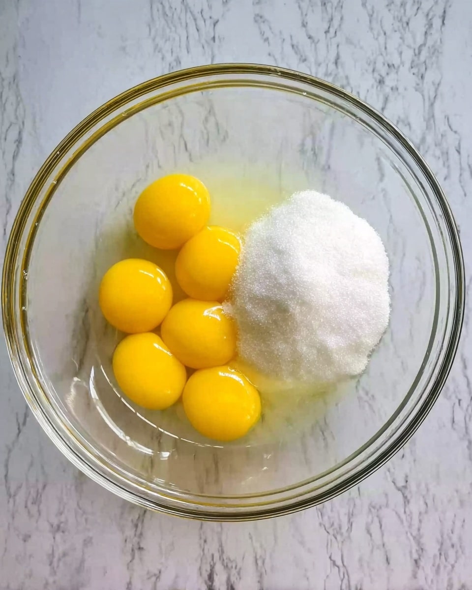 In the image, there is a clear glass bowl on a white marbled surface. Inside the bowl, there are seven bright yellow egg yolks grouped on the left side. On the right side, a large mound of white granulated sugar rests, showing a soft texture. The transparent bowl makes the mixture elements clearly visible from above. Photo taken with an iphone --ar 4:5 --v 7