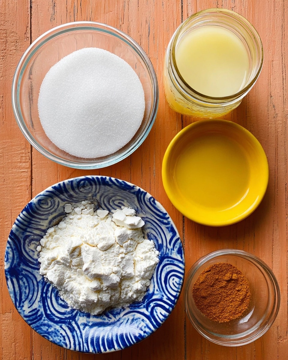 Five containers on a light brown wooden surface hold different ingredients. In the center, there is a small white bowl with blue swirling patterns filled with white powder that looks soft and clumpy. To the top left, a clear round bowl contains fine white granulated sugar. To the top right, a glass jar holds a light yellow liquid that looks smooth. On the bottom left, a bright yellow small plate carries a yellow liquid with a shiny surface. At the bottom right, a small clear bowl contains a brown powdered spice. The photo taken with an iphone --ar 4:5 --v 7