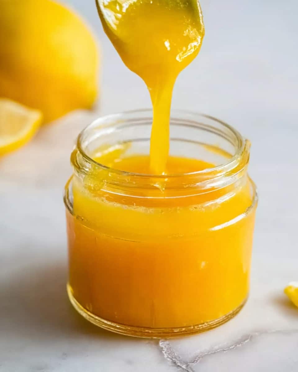 A clear glass jar filled with bright orange lemon curd sits on a white marbled surface. Thick, smooth lemon curd is being poured into the jar from above, creating a flowing ribbon of bright yellow-orange liquid. In the background, there is a blurred whole lemon and a half lemon, both showing a rich yellow color and juicy texture. The image has a fresh and bright feel, focused on the smooth, vibrant lemon curd in the jar. photo taken with an iphone --ar 4:5 --v 7
