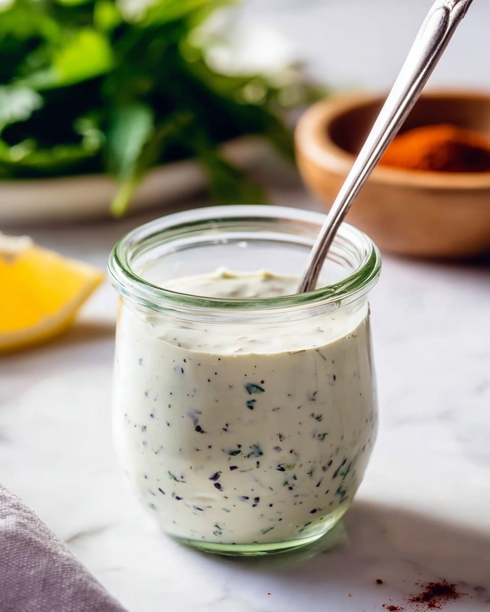 A clear glass jar filled with a thick white sauce speckled with small black and green herbs, placed on a white marbled surface. A long, thin silver spoon sticks out from the jar, with the handle angled toward the upper right. In the blurred background, there is a small round wooden bowl with a reddish powder and a bright yellow wedge resting on the edge, along with a bunch of fresh green leafy herbs. The lighting is bright and natural, highlighting the creamy texture of the sauce. Photo taken with an iphone --ar 4:5 --v 7
