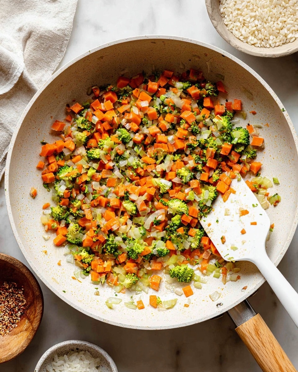 A white frying pan with a wooden handle holds a mix of small, diced bright orange carrots, green broccoli pieces, and finely chopped translucent onions. The vegetables are spread evenly, showing a slightly soft texture as if lightly cooked. A white spatula with bits of vegetables rests inside the pan on the right side. The pan sits on a white marbled surface, with bowls of rice and grains nearby, and a white cloth partially visible in the upper left corner. photo taken with an iphone --ar 4:5 --v 7