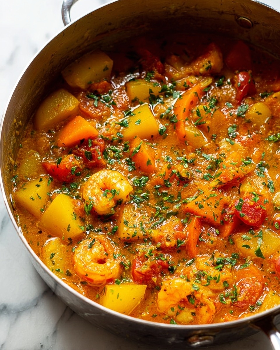 A close-up view of a metal pot filled with a thick stew showing chunks of orange carrots, yellow potatoes, and red tomato pieces mixed with small shrimp in a rich orange sauce. The stew is garnished with green chopped herbs scattered evenly across the surface. The pot sits on a white marbled texture with a bright, natural light giving the dish a fresh and warm look photo taken with an iphone --ar 4:5 --v 7