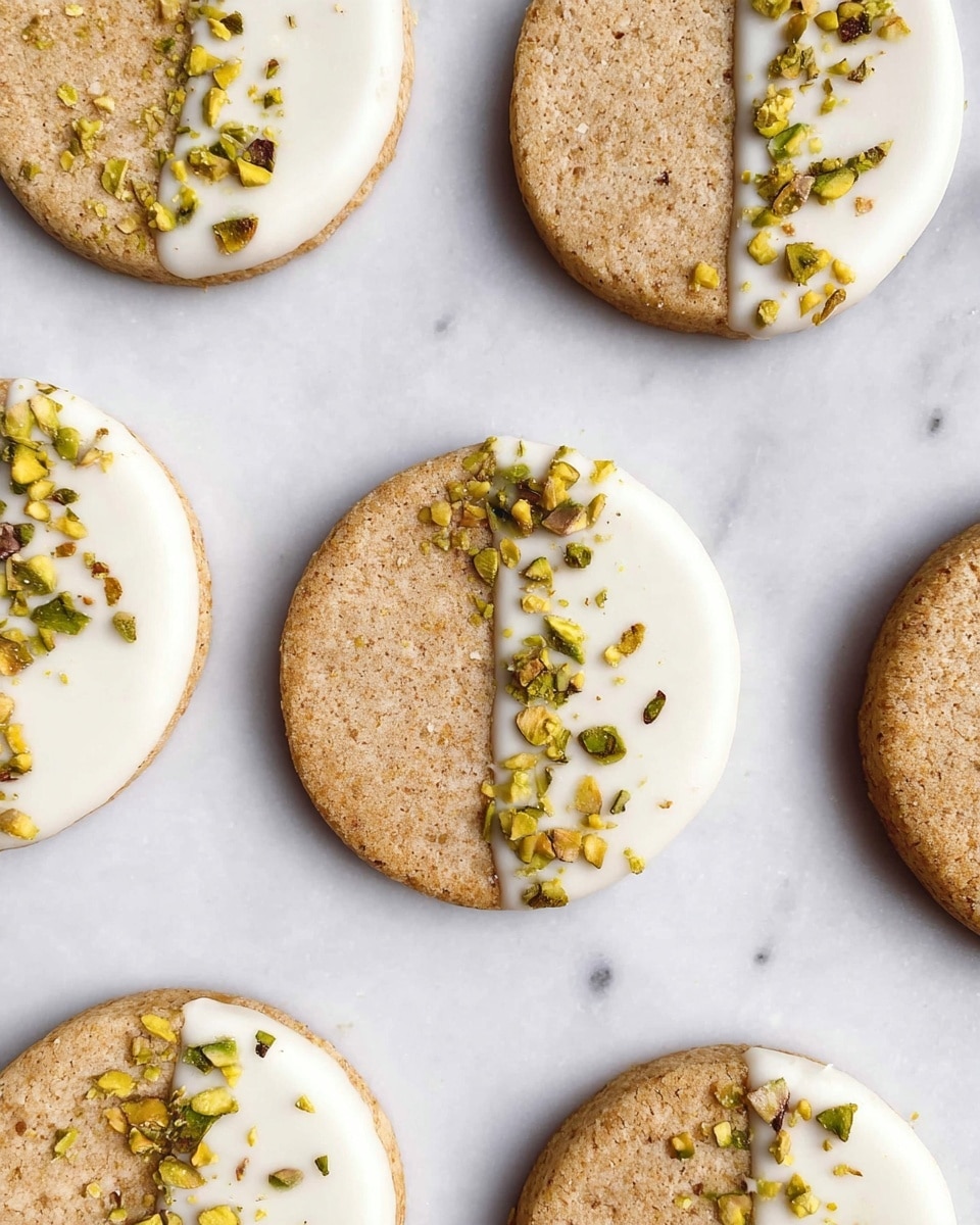 The image shows several round cookies with a light brown base layer that looks smooth and slightly grainy. Each cookie is dipped halfway on the top side in a creamy white icing, creating a clear straight edge between the brown cookie and the white icing. On top of the white icing, there are small pieces of crushed pistachios scattered unevenly, adding a mix of green and brown colors and a textured look. The cookies are placed on a white marbled surface that is softly textured, creating a clean and bright background. The cookies are arranged in a somewhat random but evenly spaced pattern across the image. photo taken with an iphone --ar 4:5 --v 7