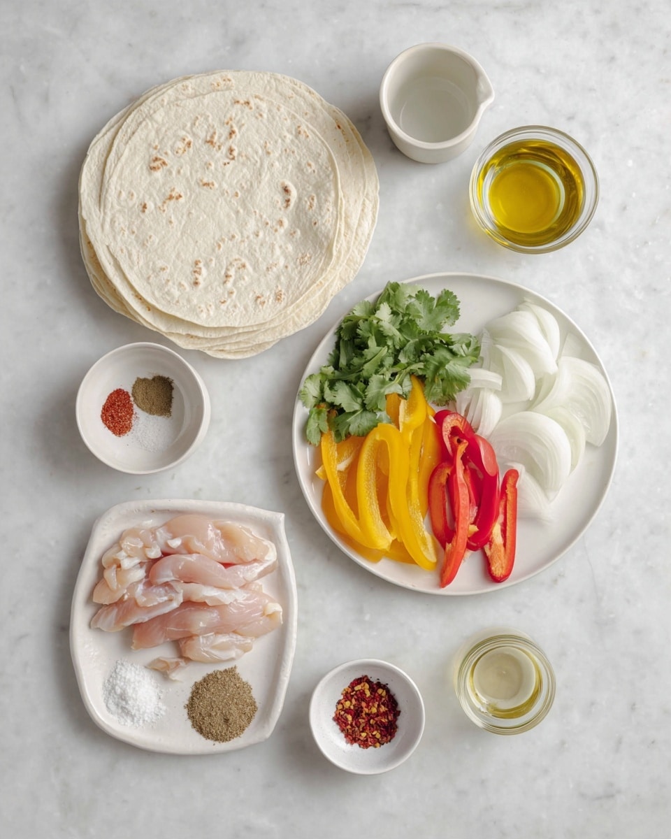 A top view of individual ingredients arranged neatly on a white marbled surface includes a stack of three soft white tortillas on the lower left, a white bowl on the lower right with pale pink raw chicken strips, and a white plate near the center holding sliced yellow and red bell peppers, white onion slices, and fresh green cilantro sprigs. Surrounding these main items are small white bowls containing salt and pepper mix, red chili flakes, and three spices in brown, beige, and red colors. A small glass jar with golden olive oil and a white cup with a clear liquid complete the setup. The photo taken with an iphone --ar 4:5 --v 7