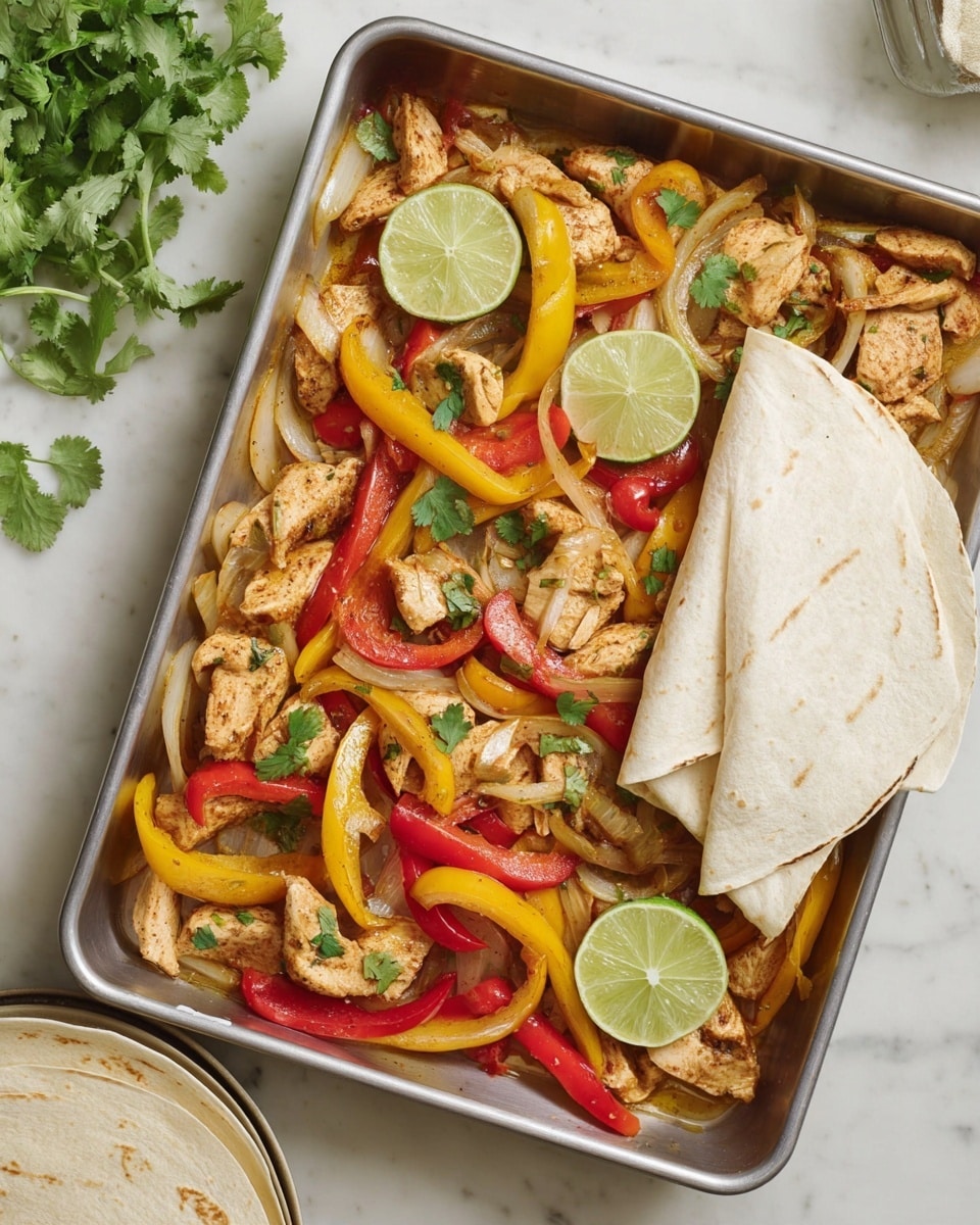 A metal tray filled with a mix of cooked sliced chicken, bright yellow and red bell pepper strips, and translucent white onion slices, all topped with fresh green cilantro leaves and several lime wedges placed on top. On the right side of the tray, two folded white tortillas are placed, slightly overlapping the tray’s edge. The tray is placed on a white marbled surface with some green cilantro sprigs visible at the top left corner, and a partial view of a plate with tortillas at the bottom edge. photo taken with an iphone --ar 4:5 --v 7