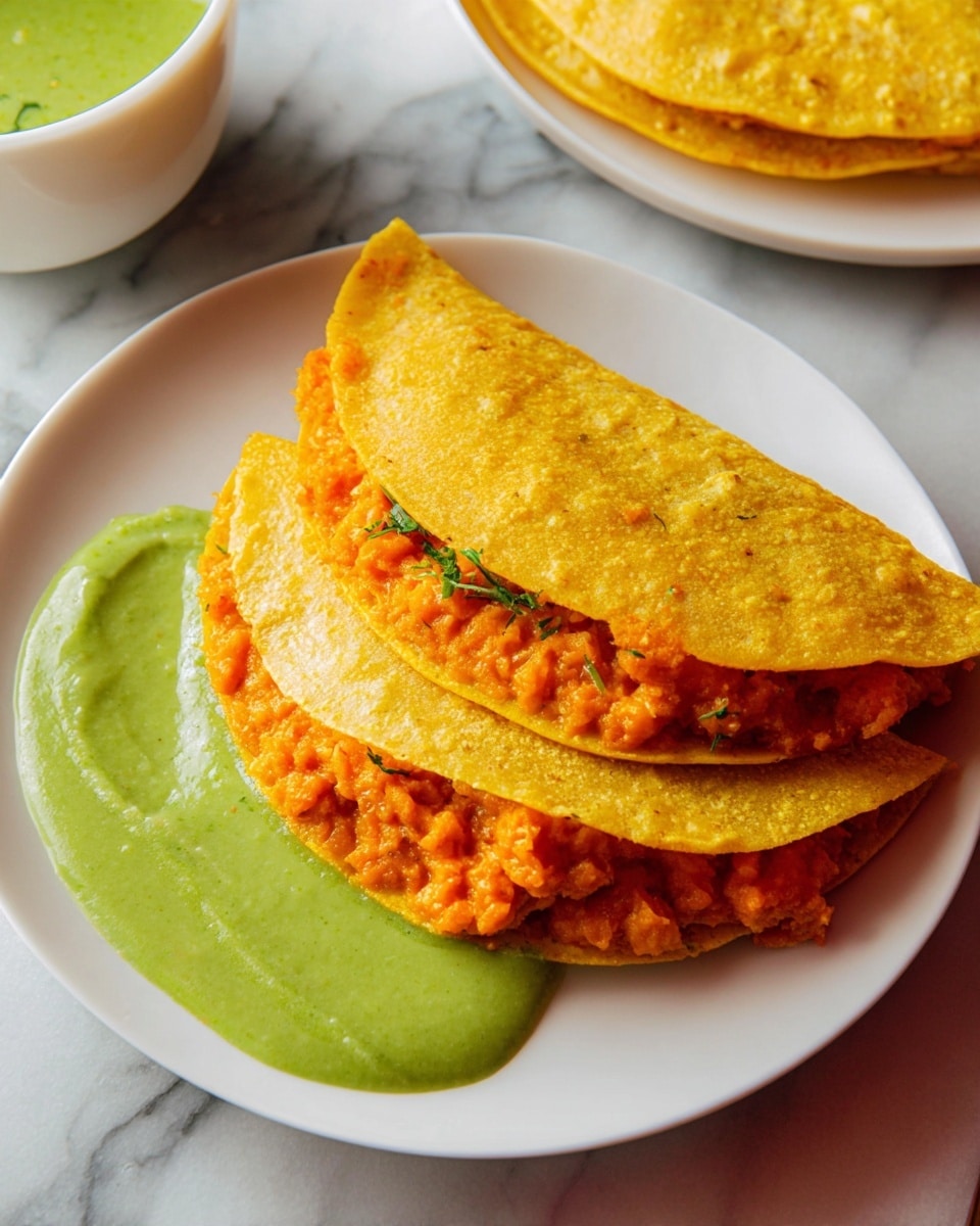 Two folded yellow corn tortillas filled with bright orange mashed beans are placed on a white plate. The top tortilla sits at a slight angle over the second one, showing the chunky bean filling inside. On the left side of the plate, there is a smooth green sauce with a creamy texture, partially touching the edges of the first tortilla. The plate is set on a surface with a white marbled texture. In the background, another white bowl of green sauce is visible near the edge. Photo taken with an iphone --ar 4:5 --v 7