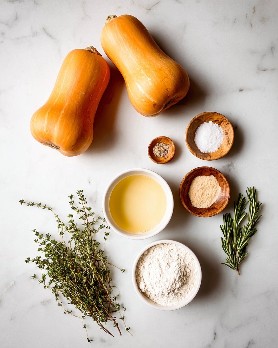 The image shows two whole orange butternut squashes at the top left on a white marbled surface, with two small wooden bowls holding white salt and light brown powder next to them on the right. Below the squashes, there are two white bowls, one filled with a pale yellow liquid and the other with white flour. To the right side of the image, there are fresh green sprigs of thyme near the top and rosemary near the bottom. Everything is placed simply with enough space around each item. Photo taken with an iphone --ar 4:5 --v 7