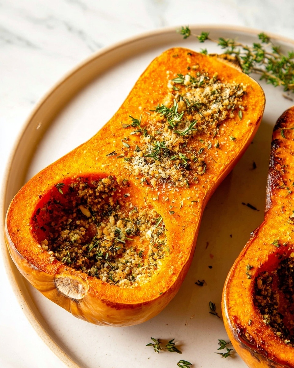 A close-up of two halves of roasted butternut squash on a white plate set on a white marbled surface, each half showing a deep orange, soft textured inner flesh with a hollowed center filled with a mix of herbs and small coarse breadcrumbs, sprinkled with fresh green thyme sprigs and seasoning flakes on top giving a slightly crispy look; the outer skin is smooth and darkened slightly from roasting, with small herb pieces scattered on the plate as well photo taken with an iphone --ar 4:5 --v 7