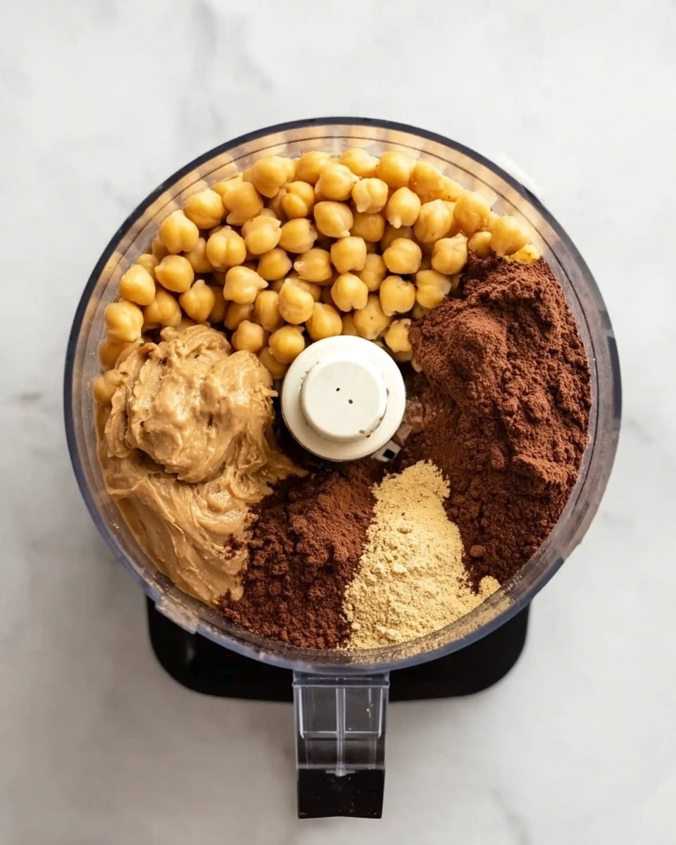 A clear round food processor bowl filled with four main layers of ingredients arranged in sections: golden beige chickpeas covering most of the surface, a section of light brown creamy peanut butter, a dark brown cocoa powder spread in one area, and a smaller amount of a sandy brown powder next to the cocoa. The center shows a white plastic blade hub. The bowl sits on a black base, all placed on a white marbled surface. photo taken with an iphone --ar 4:5 --v 7