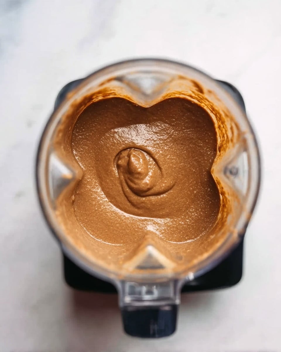 The image shows a top view of a blender container filled with a thick, smooth brown mixture that has a slightly shiny and creamy texture. The color is even throughout, with a small peak or swirl in the center, suggesting it has just been blended. The blender container is clear and placed on a black base, set against a white marbled surface. photo taken with an iphone --ar 4:5 --v 7