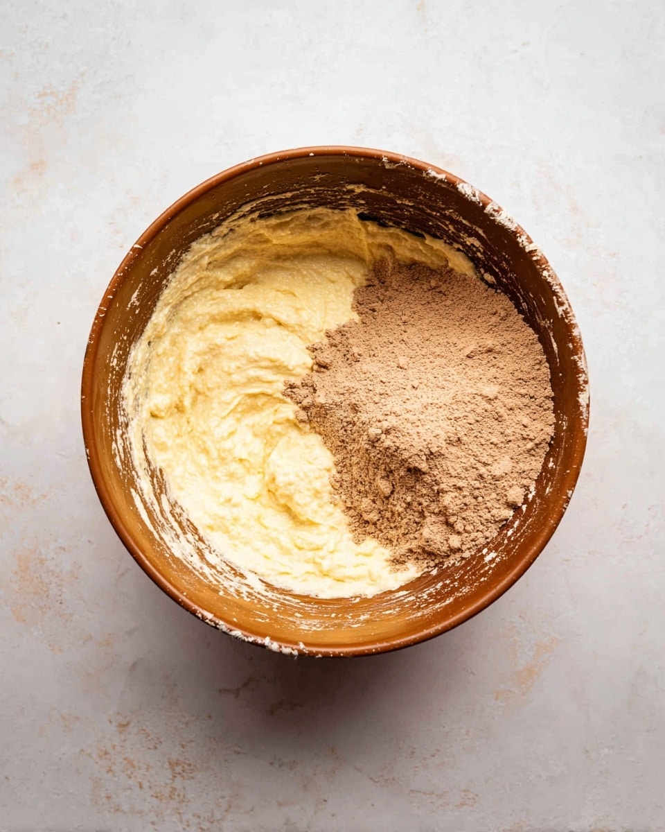 A brown mixing bowl contains two layers of ingredients: on the left side a fluffy pale yellow batter filling about two-thirds of the bowl with a creamy texture, and on the right side, a mound of light brown powder sitting on top of the batter. The inside surface of the bowl shows some smudges of the yellow batter around the edges. This is set on a white marbled surface. photo taken with an iphone --ar 4:5 --v 7