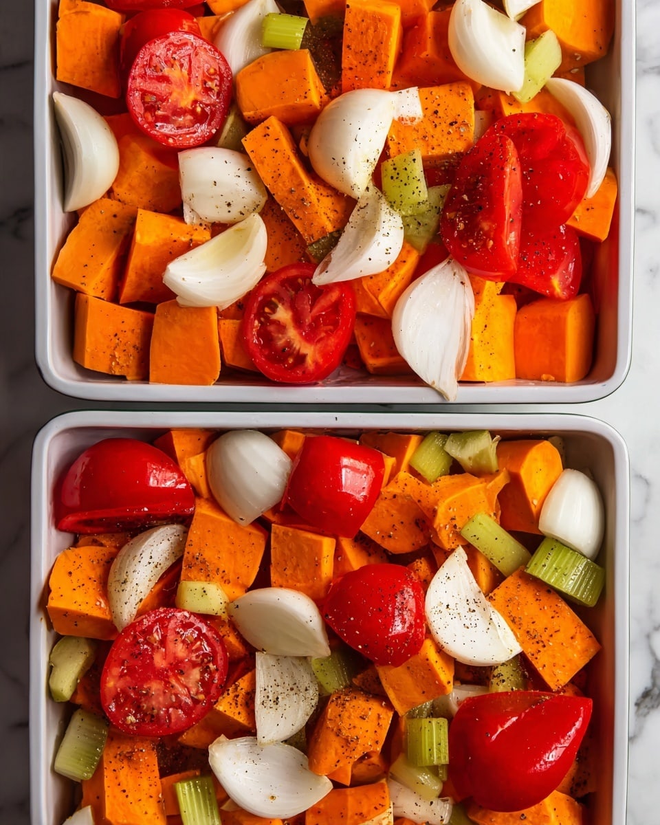 This image shows two white trays filled with layers of chopped vegetables on a white marbled surface. Each tray contains bright orange cubes of sweet potatoes as the base layer, topped with large red tomato halves, white onion wedges, and pieces of garlic bulbs. There are also green celery stalks scattered among the vegetables. The vegetables look fresh and are sprinkled lightly with black pepper. The overall scene is colorful and vibrant, with a close-up view highlighting the texture and natural shine of the vegetables. photo taken with an iphone --ar 4:5 --v 7