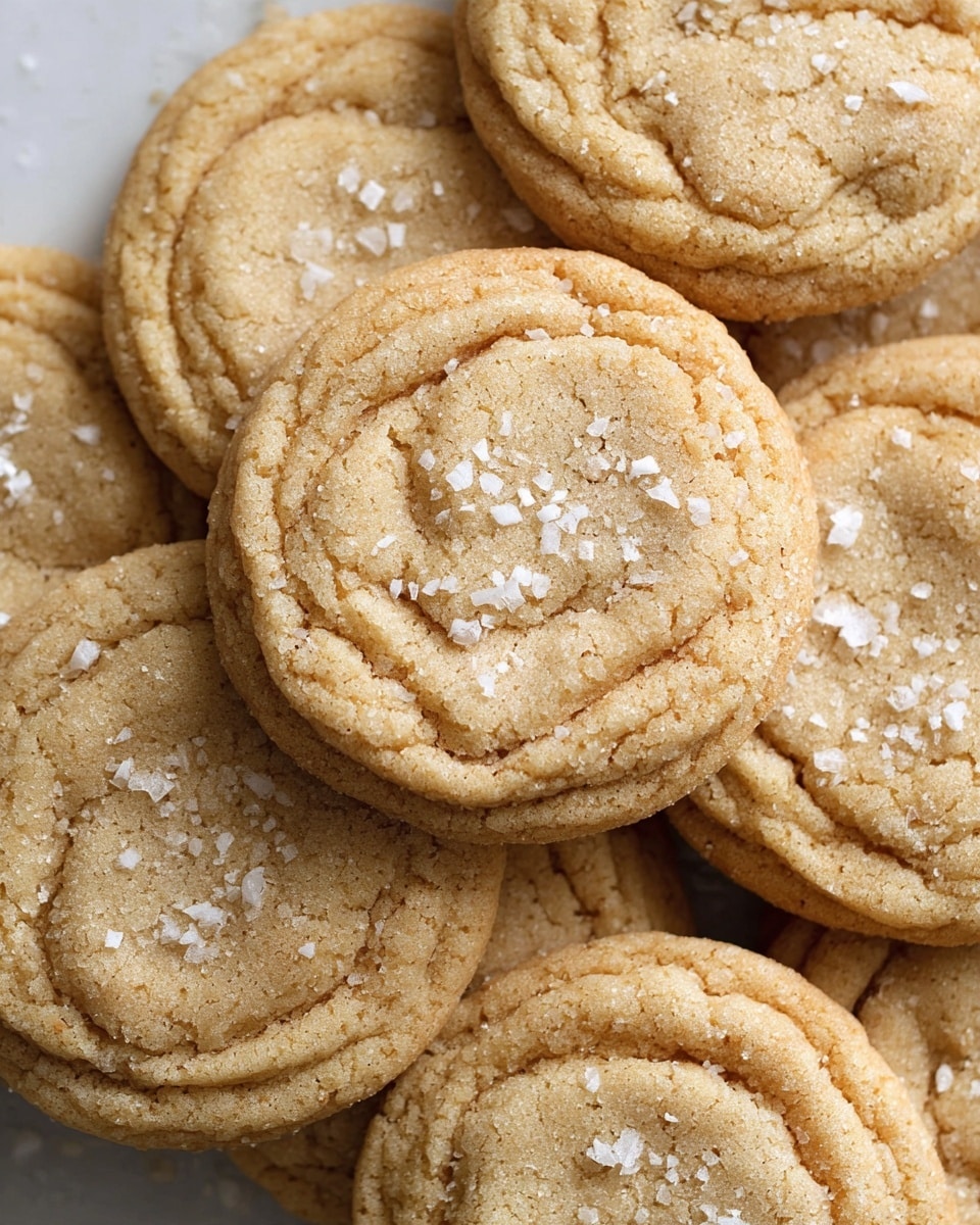 The image shows a close-up of a pile of soft, round cookies with a light brown color and slightly cracked texture. Each cookie has a swirled pattern on top and is sprinkled with coarse white salt flakes scattered unevenly across the surface. The cookies are stacked in an overlapping way, filling the frame, and are placed on a white marbled surface that can barely be seen. photo taken with an iphone --ar 4:5 --v 7