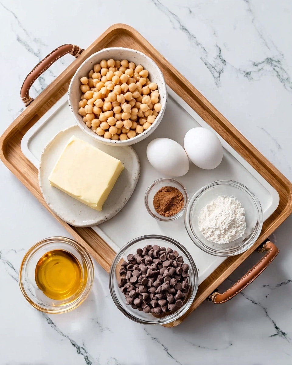 The image shows a white bowl filled with light brown chickpeas on a white marbled surface next to a wooden tray with leather handles. On the tray, there is a small glass bowl of cocoa powder, two white eggs, a white plate with a square piece of butter, and a small white bowl with a white powder, likely baking soda or salt. Below the tray on the marble surface, there is a small glass bowl of golden honey and another small glass bowl filled with dark chocolate chips. The setup is clean and bright, with all items clearly separated. photo taken with an iphone --ar 4:5 --v 7
