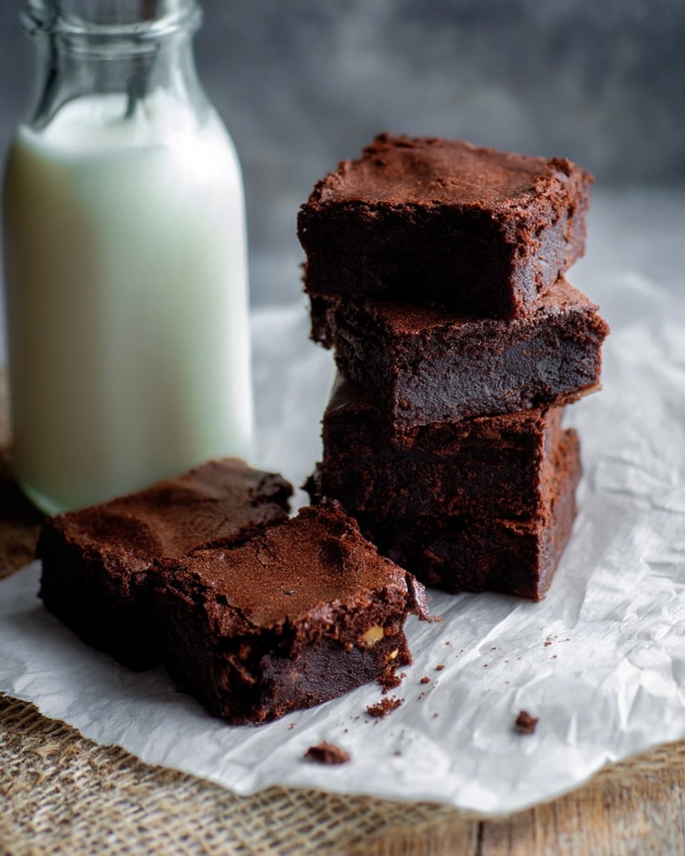 The image shows a stack of five thick, square chocolate brownies with a dense and slightly cracked dark brown surface, positioned on a piece of white parchment paper on a white marbled surface. Four brownies are stacked, and one lies flat next to them, revealing a rich, moist inside with small bits of nuts. To the left, there is a clear glass bottle filled with milk. The overall scene looks cozy and rustic with soft natural light coming from the right side. photo taken with an iphone --ar 4:5 --v 7