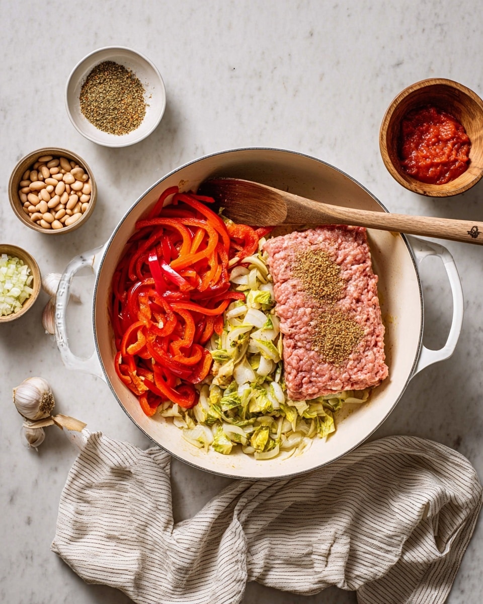 A white large pan sits on a white marbled surface, filled with two main sections: on the left, cooked thin red bell pepper strips mixed with sautéed small chopped light green and white vegetables, and on the right, a square block of raw ground meat topped with three different brownish spices forming distinct textured patches. A wooden spoon is placed inside the pan, resting partly among the vegetables. Surrounding the pan are small white bowls with finely chopped garlic, light brown beans, and red tomato paste, along with an empty small wooden bowl. A beige and white striped cloth napkin is spread underneath the pan handle. Photo taken with an iphone --ar 4:5 --v 7