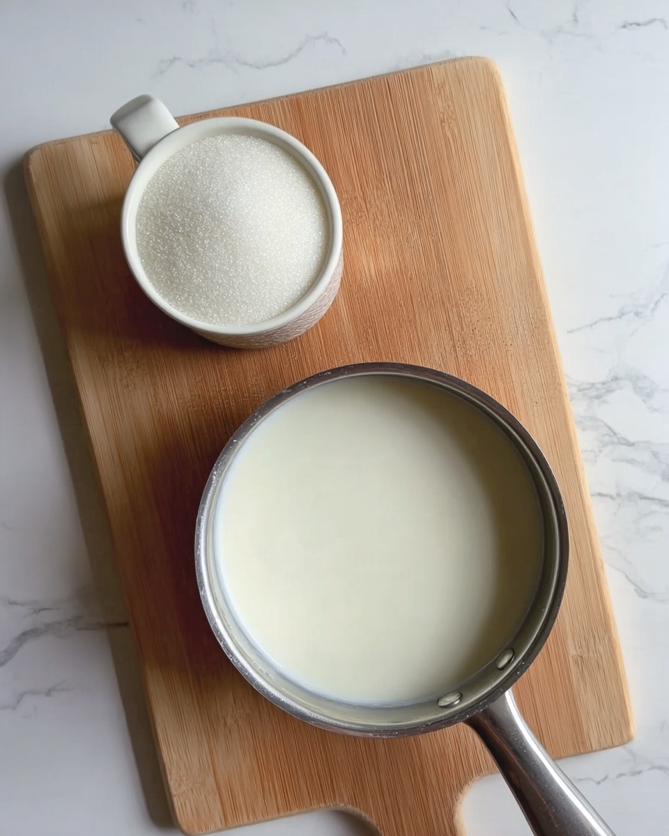 A top view of a small metal pan filled with white cream or milk placed on a wooden cutting board, with a small white ceramic cup filled with white granulated sugar above it, all set on a white marbled surface. photo taken with an iphone --ar 4:5 --v 7