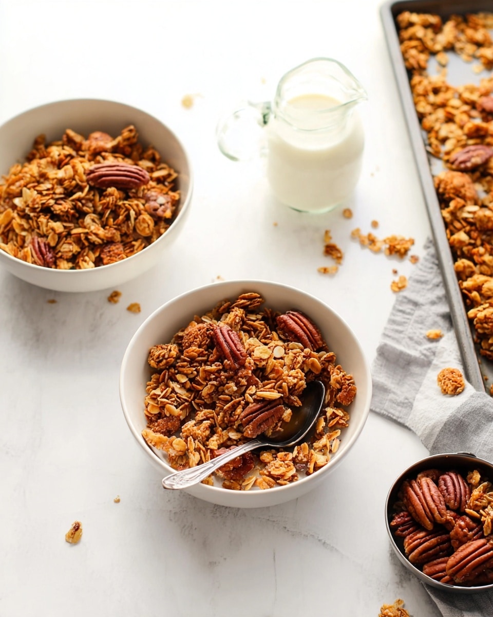 Two white bowls filled with crunchy golden brown granola mixed with large pecan nuts sit on a white marbled surface. One bowl is in the foreground, filled with clusters of oats and pecans with a spoon next to it. The second bowl is slightly behind and to the left, also filled with granola. A small clear glass jar of milk with a handle sits between the two bowls. In the top background, a baking sheet holds more golden granola and pecans scattered over its surface, with a small metal cup partially filled with pecans on the right side of the sheet. Photo taken with an iphone --ar 4:5 --v 7