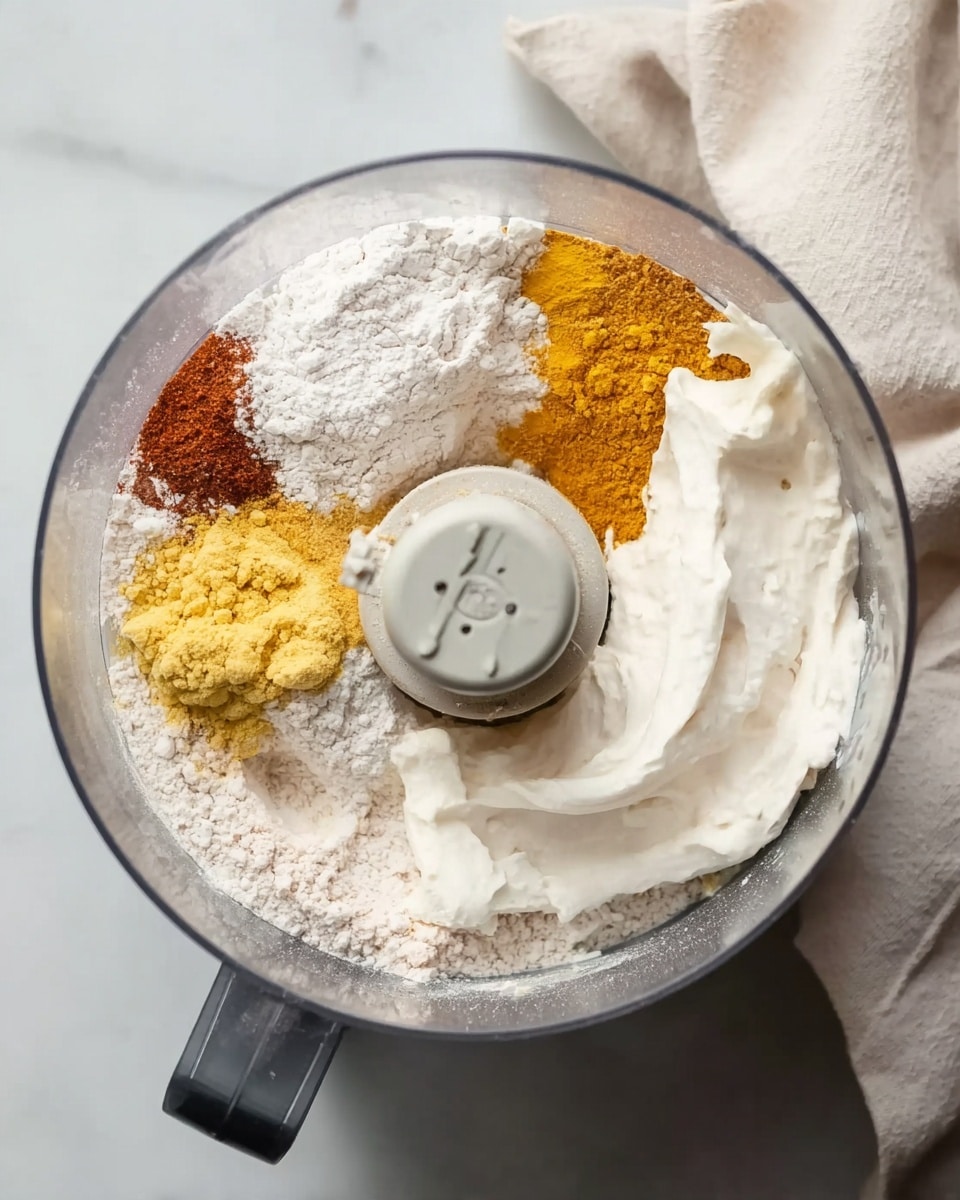 The image shows a clear food processor bowl filled with several ingredients before mixing. There are distinct layers inside: a large white cream layer on the right, a heap of white powdery flour or starch on the left, a small pile of bright yellow powder near the top left, and a reddish-brown spice just near the yellow powder, creating a small contrasting color set. The food processor sits on a white marbled surface, with a light beige cloth visible on the top right side. The top of the metal blade and motor center are visible in the middle, surrounded by the unmixed ingredients. Photo taken with an iphone --ar 4:5 --v 7
