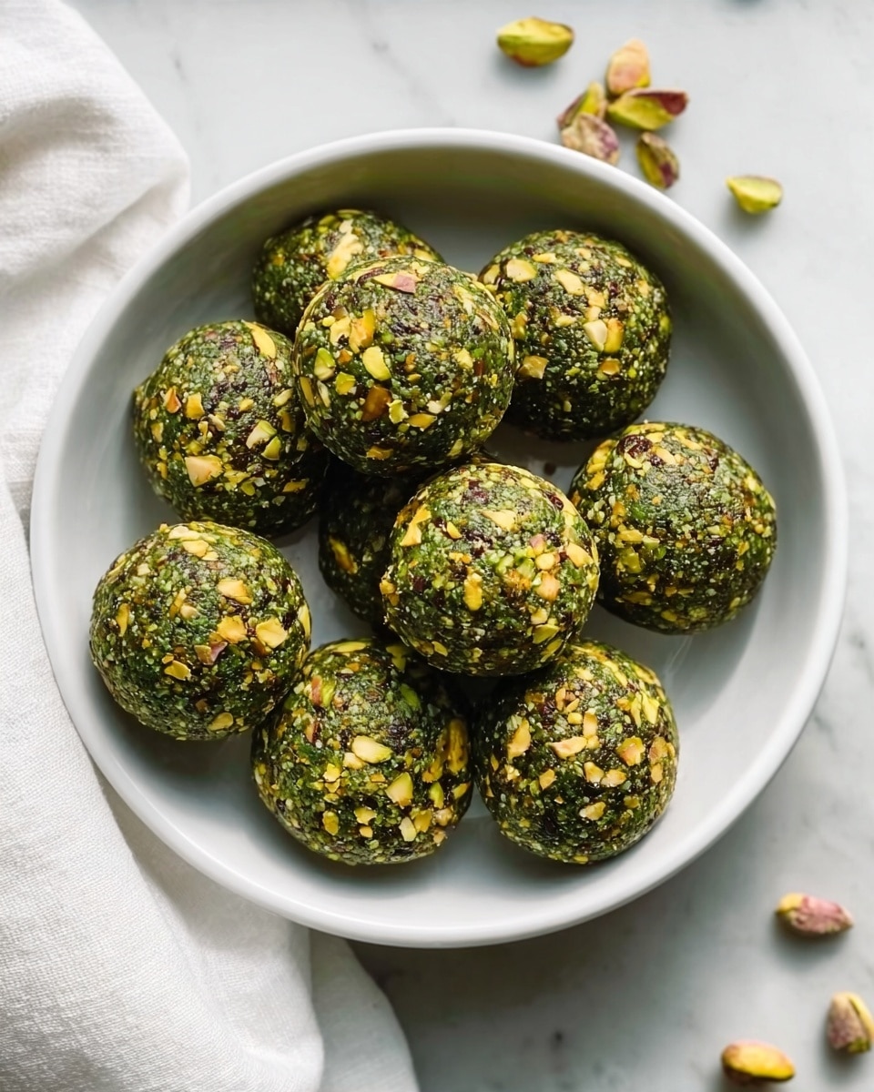 Nine round green balls made of crushed pistachios and seeds sit in a white bowl. Each ball has a rough texture with small visible pieces of nuts in light green and tan colors evenly spread all over. The bowl is set on a white marbled surface with a soft white cloth partly visible on one side. A few loose nut pieces are scattered near the bowl. The lighting is soft and natural, highlighting the rich green and yellow colors in the balls. Photo taken with an iphone --ar 4:5 --v 7
