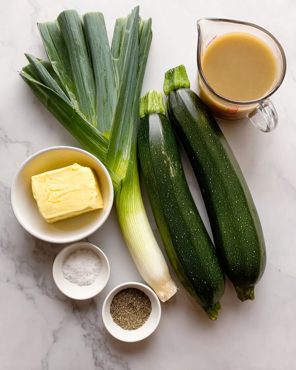 The image shows ingredients arranged on a white marbled surface. There are two dark green zucchinis placed parallel to each other on the right side. To their left, there are three fresh leeks with long green leaves and white bulbs. Above the leeks, there is a small white bowl filled with smooth, yellow butter. Below the leeks, there are two small white bowls, one containing coarse salt and the other filled with ground black pepper. Near the center, there is a clear glass measuring cup filled with light brown broth. photo taken with an iphone --ar 4:5 --v 7