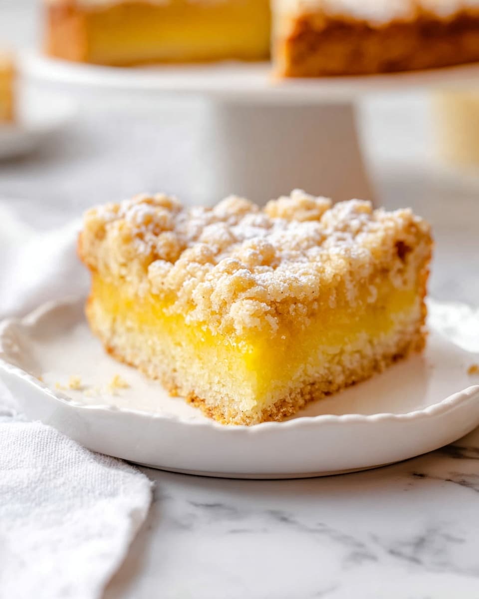 A slice of crumb cake with three layers is shown on a white plate with a small scalloped edge. The bottom layer is a golden-brown crust that looks firm and crunchy. The middle layer is a bright yellow, smooth, and moist filling that looks sweet and soft. The top layer is a crumbly, light golden-brown streusel with small chunks, dusted lightly with powdered sugar. The plate is placed on a white marbled surface with a soft white cloth on the left side. In the blurred background, a whole crumb cake is partially visible on a white stand. Photo taken with an iphone --ar 4:5 --v 7