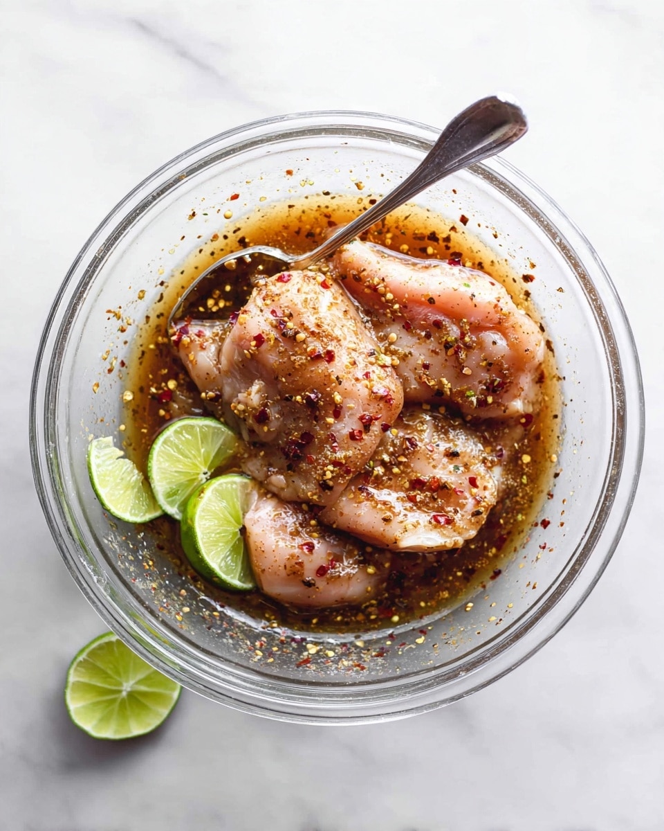 A clear glass bowl sits on a white marbled surface, filled with three pieces of raw seasoned chicken soaked in a brownish marinade with visible red chili flakes and herbs. The chicken is pale pink with some white parts, coated by the shiny liquid marinade that pools at the bottom. Inside the bowl, a silver spoon rests partly submerged in the marinade near the chicken. Around the bowl on the surface, four lime wedges with their green skin and juicy interior are placed casually. photo taken with an iphone --ar 4:5 --v 7