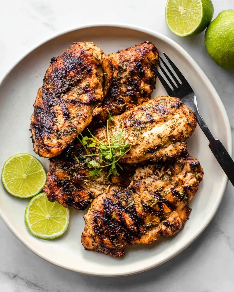 A white round plate holds four grilled chicken pieces arranged overlapping, showing dark, charred grill marks and a mix of golden brown and darker textures with herbs visible on the surface. Three lime wedges are placed near the bottom left of the plate, adding bright green and light yellow colors. A small fresh green herb garnish sits on top of the chicken pieces near the center. The plate and food rest on a white marbled surface with two lime halves in the top right corner. A black fork is positioned at the left side of the plate. photo taken with an iphone --ar 4:5 --v 7