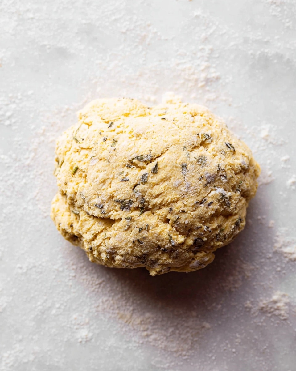 A rough ball of uncooked dough with small bits of herbs mixed inside sits on a white marbled surface. The dough is pale yellow with flour dusted over it, giving it a slightly cracked, crumbly texture. The mixture looks a bit uneven and rustic, with small darker spots from the herbs spread throughout. There is no container or utensil in the frame, just the dough resting alone on the surface. photo taken with an iphone --ar 4:5 --v 7