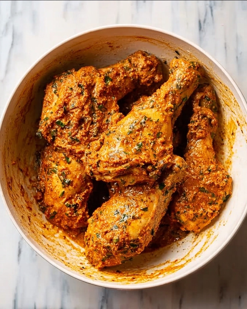 A white bowl holds five pieces of chicken covered with a thick, orange-brown spice mixture with visible small green herb bits evenly spread over them. The chicken pieces vary in size and shape, mostly drumsticks and thighs, all coated evenly in the textured sauce. The inside of the bowl also has some of the sauce smeared around it. The background is a white marbled surface. photo taken with an iphone --ar 4:5 --v 7