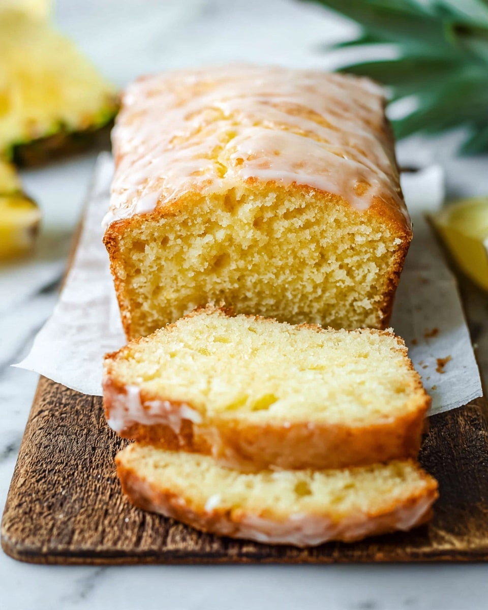 The image shows a lightly golden yellow loaf cake with a soft and crumbly texture, sliced to reveal its inside. The loaf has one full length piece with two slices cut in front of it, all resting on white parchment paper placed on a rustic wooden board. The top of the cake has a thin layer of light shiny glaze that covers the surface. In the background, there are blurred pineapple pieces and greenery, with the whole scene set on a white marbled surface. Photo taken with an iphone --ar 4:5 --v 7