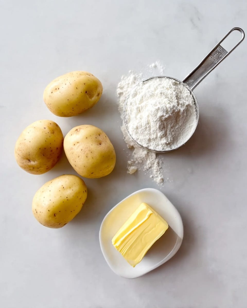 The image shows five small yellow potatoes scattered on a white marbled surface, a metal measuring cup filled with white flour placed to the right of the potatoes, and a small white dish with a square piece of yellow butter in front of the potatoes. All items are well lit with clear shadows, creating a clean and simple food ingredient setup. Photo taken with an iphone --ar 4:5 --v 7