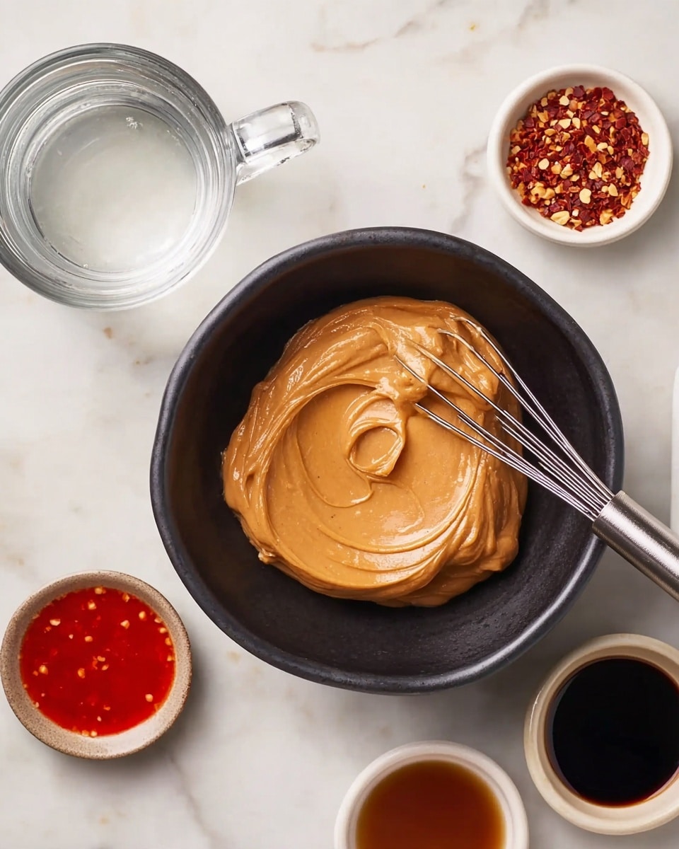 A black bowl sits on a white marbled surface, filled with smooth, creamy light brown peanut butter with a small swirl on top, and a silver whisk resting inside. Surrounding the bowl are four small dishes: a clear glass mug with water on the top left, a small white bowl with red chili flakes on the top right, a small white bowl with bright red sweet chili sauce on the bottom left, and a small white bowl with dark brown soy sauce on the bottom right. photo taken with an iphone --ar 4:5 --v 7