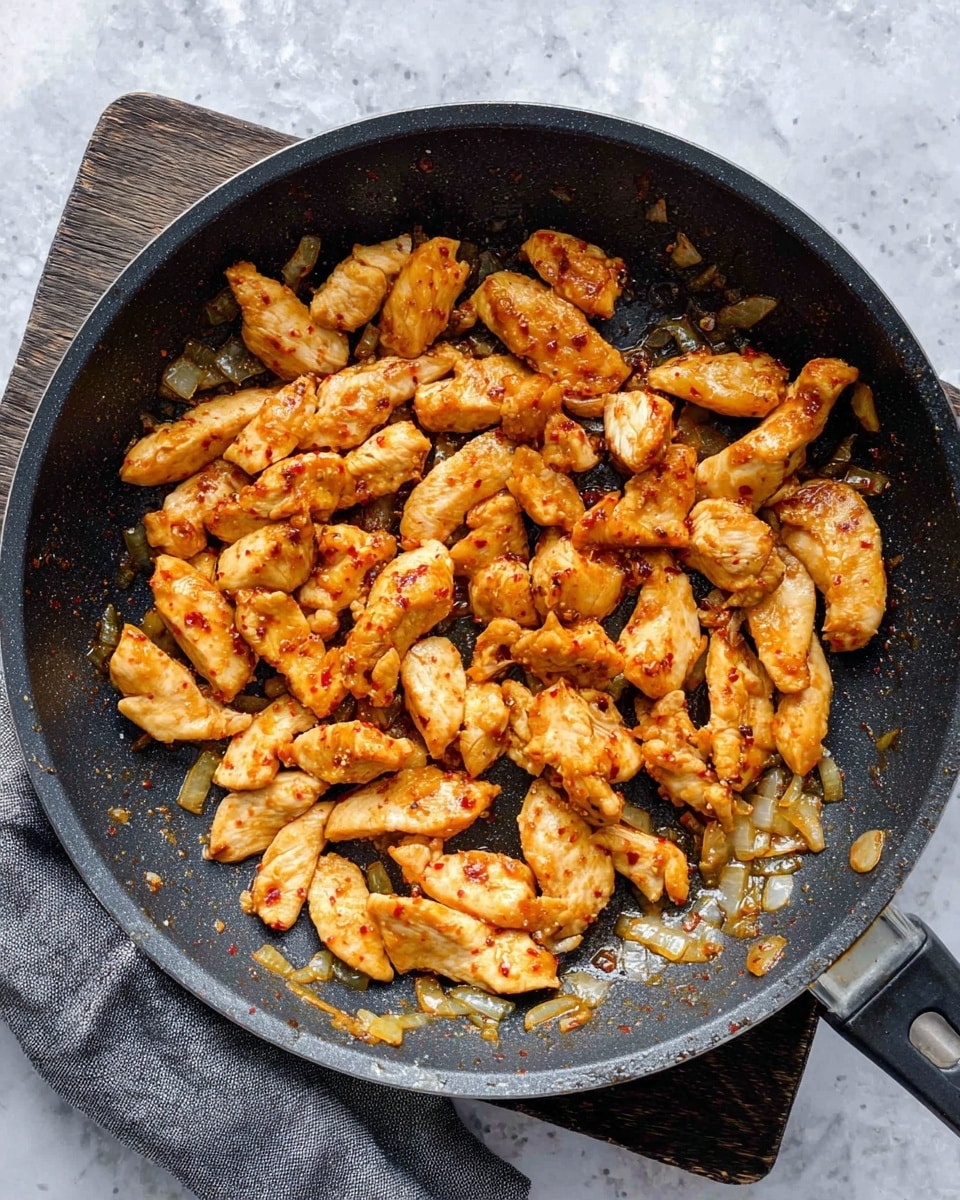 The image shows a black frying pan filled with cooked, sliced chicken pieces that are golden brown with a slight red tint from spices, scattered evenly across the pan. The chicken is mixed with small bits of cooked onions that are light brown and translucent, spread mostly around the edges. The pan is sitting on a dark wooden board, and a gray cloth is placed next to it. The whole scene is set on a white marbled surface. photo taken with an iphone --ar 4:5 --v 7