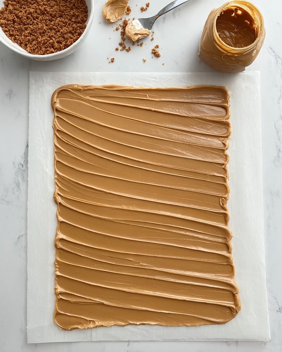A flat white pastry sheet lies on a white marbled surface with a smooth, even layer of creamy, light brown spread carefully spread across it. The spread has soft, gentle ridges in diagonal lines, showing the movement of a spreading tool. On the upper left, there is a small white bowl filled with brown crumbly bits and near it, an open jar of the same light brown spread with some spread clinging to the edge. A silver spoon and a fork rest nearby, waiting to be used. The overall look focuses on the smooth texture of the spread and the clean lines of the pastry below, set against the white marbled background photo taken with an iphone --ar 4:5 --v 7