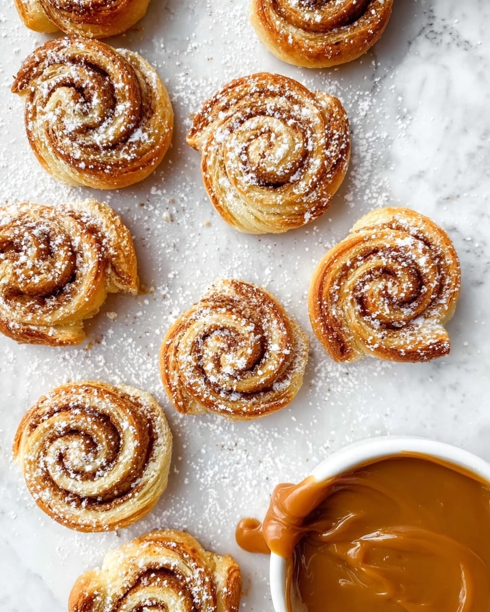 The image shows a group of small, round swirled pastries placed on white marbled texture. Each pastry has several thin layers of golden-brown dough twisted with a darker brown filling, creating a spiral pattern. The tops of the swirls are dusted with light white powdered sugar. On the right side, there is a white bowl filled with smooth caramel or dulce de leche, with some of it flowing over the edge onto the white marbled surface. The pastries are arranged closely together, creating a warm and inviting look. Photo taken with an iphone --ar 4:5 --v 7