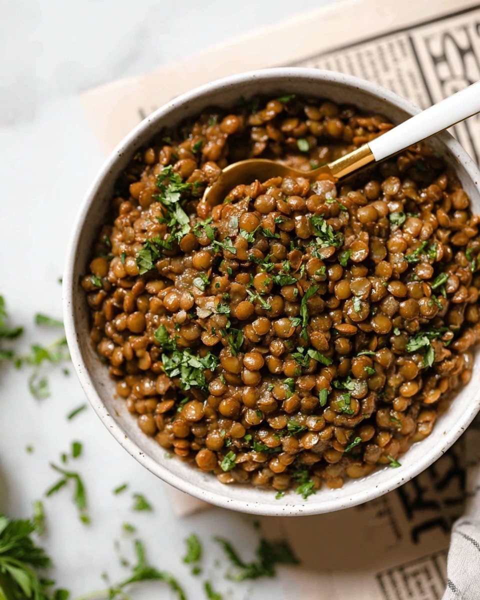 A close-up top view of a white round bowl filled with cooked brown lentils mixed with green chopped herbs scattered on top, showing a soft and moist texture. A white and gold spoon is placed inside the bowl, partially submerged in the lentils. The bowl sits on a white marbled surface with a blurred newspaper and some green herbs in the background. The scene has natural light highlighting the warm earthy tones of the lentils and the fresh green herbs. photo taken with an iphone --ar 4:5 --v 7
