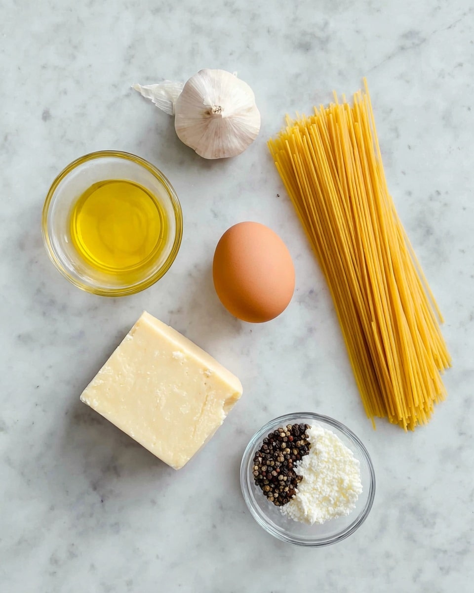 The image shows seven cooking ingredients arranged on a white marbled surface: a small clear glass bowl with yellow oil near the top left corner, a single clove of garlic above a bundle of uncooked yellow spaghetti on the right side, a whole brown egg in the center, a white block of cheese to the left of the egg, a larger pale yellow block of cheese below the white cheese, and another small clear glass bowl at the bottom right filled with white salt and black peppercorns. Photo taken with an iphone --ar 4:5 --v 7