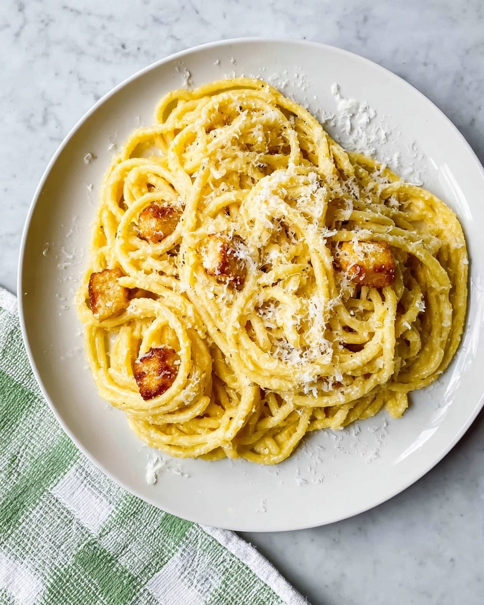 A white plate filled with a single layer of thick yellow spaghetti strands, twisted loosely in the center and sprinkled with fine white cheese shavings and small cracks of black pepper. Brown, crispy chunks of fried cheese are scattered evenly on top and slightly mixed into the pasta. The plate is resting on a white marbled textured surface, with a green and white checked cloth placed near the bottom edge. Photo taken with an iphone --ar 4:5 --v 7