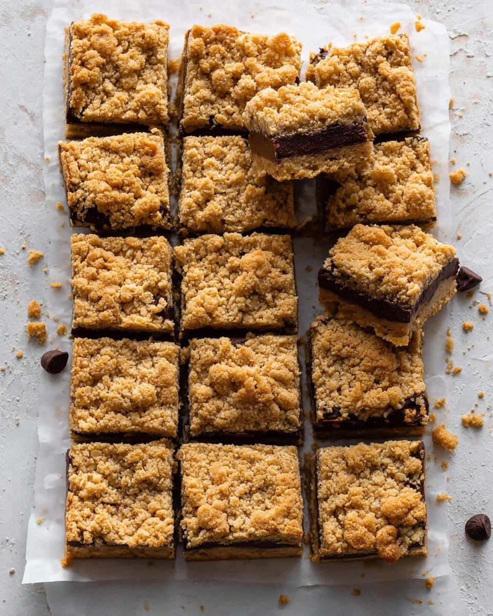 The image shows a group of 16 square bars with two layers each, arranged closely on white parchment paper over a white marbled surface. The bottom layer is dark brown and smooth, likely chocolate, while the top layer is a golden-brown crumbly oat mixture with a rough texture and uneven clumps covering each square. The bars are all cut evenly, with one slightly raised to show the thickness of both layers. Small bits of oats and dark chocolate chips are scattered around the edges. photo taken with an iphone --ar 4:5 --v 7