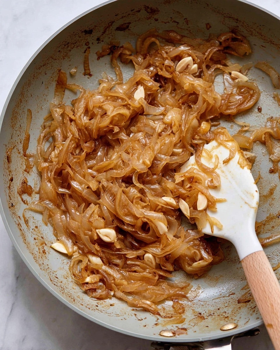 A close-up view of a frying pan showing one layer of soft, brown caramelized onions mixed with thin, light tan slices of garlic scattered throughout. The onions have a glossy, slightly translucent texture, spread unevenly inside the pan, with some pieces sticking to the sides. A white spatula with a wooden handle is resting in the pan, partly under the onions. The pan sits on a white marbled surface photo taken with an iphone --ar 4:5 --v 7